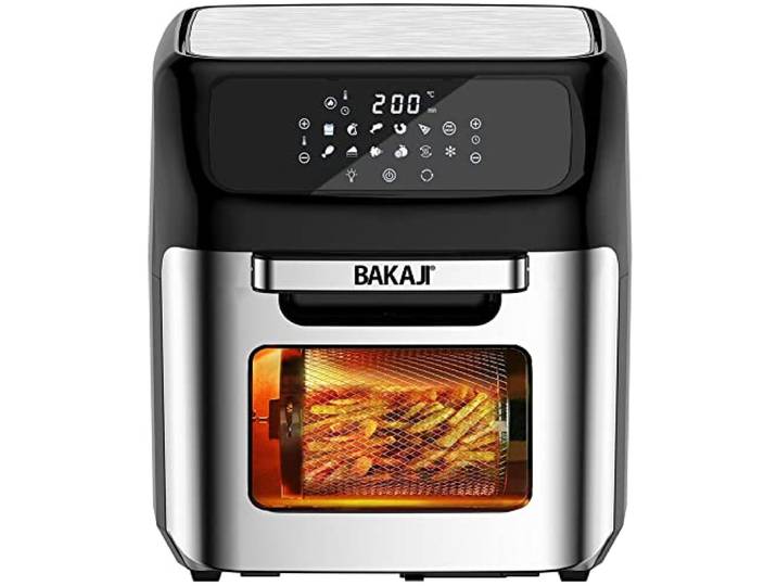 Bakaji Backofen Heißluftfritteuse Fritteuse zum Kochen von trockenem Grill ohne Öl Airfryer Kapazität 12 Liter LED-Touch-Display 12 Programme Timer Temperaturregelung Leistung 1800 W (Silber)