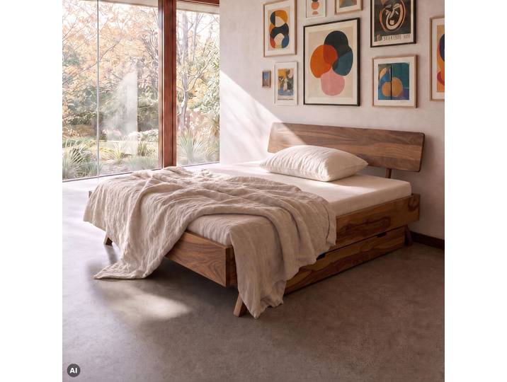 Bett mit Schublade Sheesham 200x200x80 natur sandgestrahlt lackiert MALMÖ 2 #236