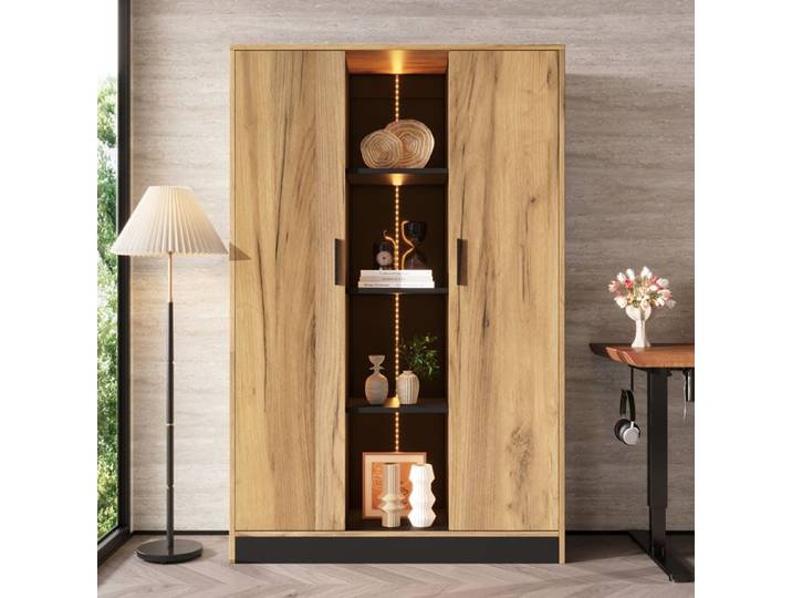 Modenuit Vitrine haute 95 x 35 x 160 cm 2 portes niche LED décor chêne et noir