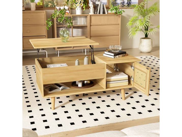 Table Basse avec Plateau Relevable et Porte en Rotin - 103x50x46 cm - Style Moderne - 1 Etagère - Rangement - Table Basse de Salon
