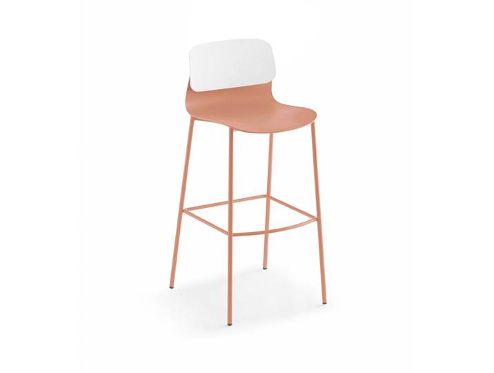Sokoa Tabouret haut de collectivité Klik en polypropylène - Pieds métal - Corail / Blanc