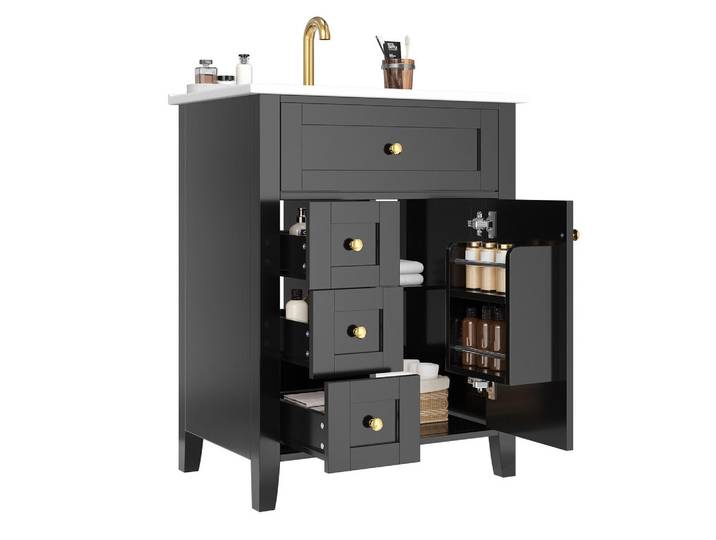 Modfu Waschtischunterschrank aus MDF und Keramik 61x47x86 cm Schwarz mit Stauraum, Soft-Close und Keramikwaschbecken, 61x86x47 cm, Badezimmer, Waschbecken & Armaturen, Waschtische