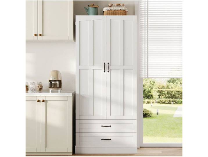 Armoire de Cuisine avec 3 Tablettes Coulissantes 2 Tiroirs et 1 Placard 2 Portes - TCQPZ - MDF - Blanc
