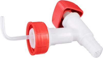 Auslaufhahn für Industriekanister 20 + 30 l, DIN 60/61, f. Chemikalien, Säuren & Laugen, Drehgriff, PE, weiß-rot