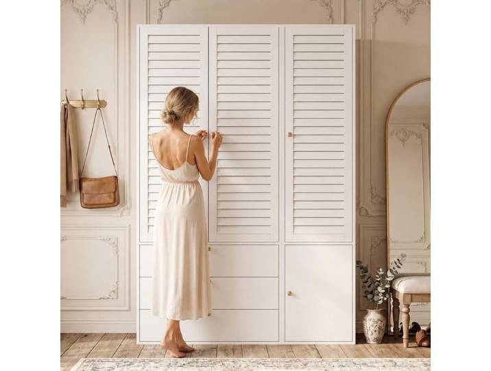 Armoire - ZEVKOR - 3 Portes à Lames - 3 tiroirs - 2 tringles & porte-pantalons - 135×50×200 cm