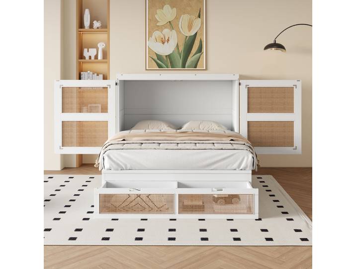 KOMHTOM armoire lit 140x200 cm lit mural avec sommier à lattes lit pliant mural vertical tiroirs de rangement design rotin