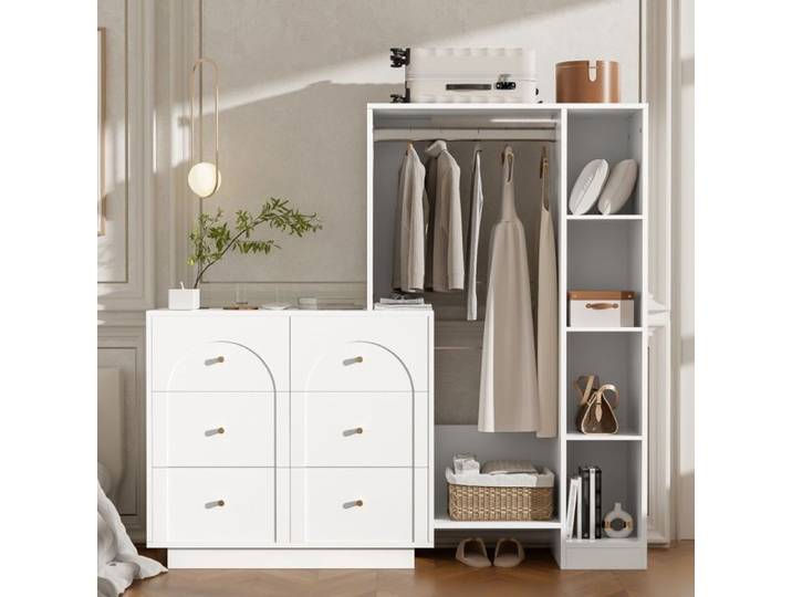 Armoire penderie 139x35x133 cm - Dressing ouvert multifonctionnel avec tringle 6 tiroirs et étagères - Blanc