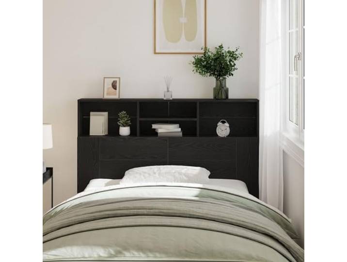 KTHLBRH Modernes Kopfteil aus schwarzer Eiche, 140 x 19 x 103,5 cm, mit offenen Regalen, aus technischem Holz, minimalistisches und funktionales Design, matte Oberfläche