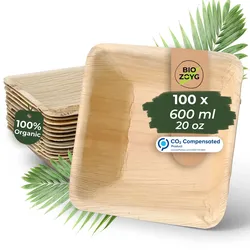 BIOZOYG 100 Stück quadratische Einwegschalen Palmblattschalen 600ml für Partys, umweltfreundliches Biogeschirr, Einmalgeschirr, biologisch abbaubar