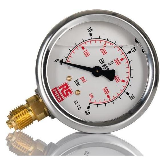RS PRO G1/4 Manometer 0bar 40bar, Ø 63mm Edelst (2310193)