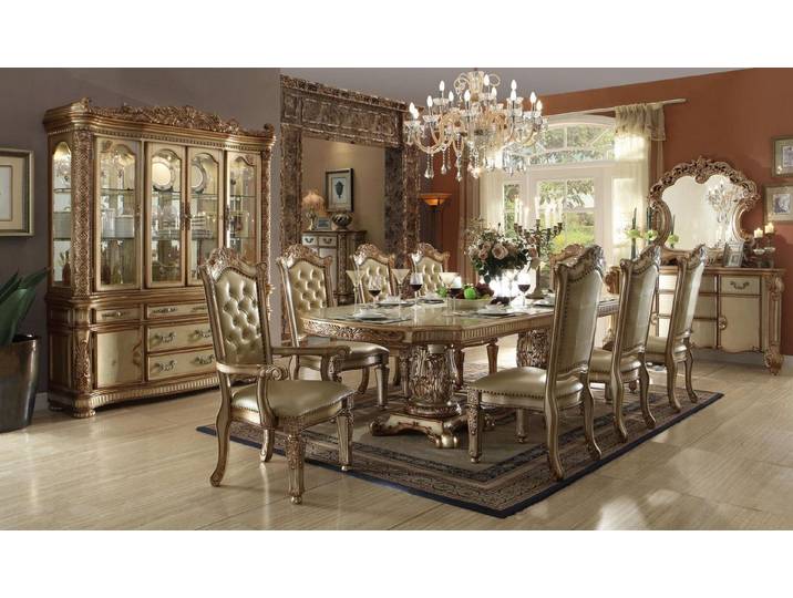 JVmoebel Esszimmer-Set Königliches Barock Esszimmer Set in Gold mit Lederstühlen, (Esszimmer-Set, Küchen-Set), Made in Europa
