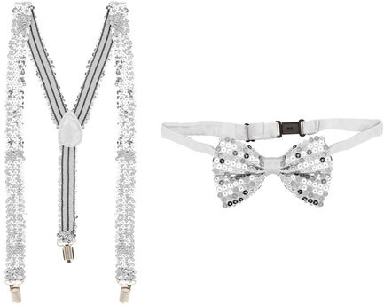 Set Hosenträger & Fliege "Pailletten", silber