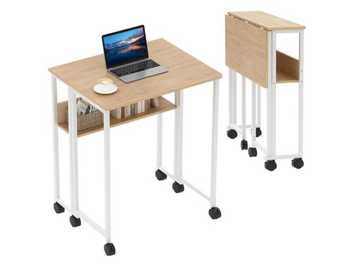 Bureau roulant pliant 24 8 in étagère rangement ordinateur portable cadre robuste roulettes dortoir‑maison‑bureau chêne