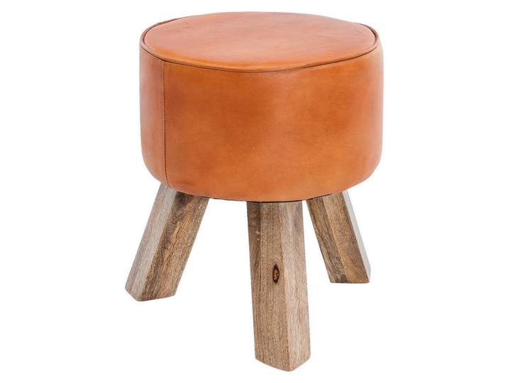 Hocker, Braun, 37x45x37 cm, Ziegenleder & Mangoholz, Rund, Klassisch & Landhaus, MID.YOU