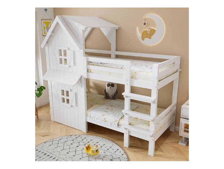 STILVORA Etagenbett 90x200 mit Sicherheitsgeländer,Kinderbett Holzbett mit Fenster&Dach (mit schönen Fenstern und Dach, Seitlichen Sicherheitsgeländern, Dreistufiger Leiter, Stabile Lattenroste, 90x200cm), ohne Matratze