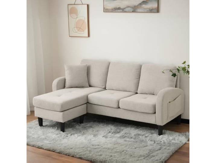I0I&I0I L-förmiges Ecksofa 3-Sitzer Mit Chaiselongue Atmungsaktiver Baumwoll-Leinenstoff, Modulares Design Für Wohnzimmer, Apartment Und Büro (Beige Gray+White + Foam + 3 Seat)