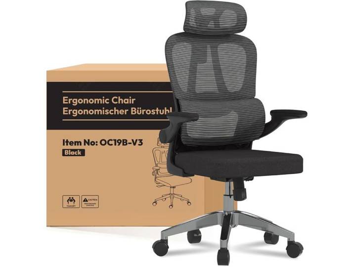 FlexiSpot OC19 Chaise Bureau Chaise Ergonomique en Maille Pivotante Réglable ave Accoudoirs 2D & Soutien Lombaire Indépendant Noir