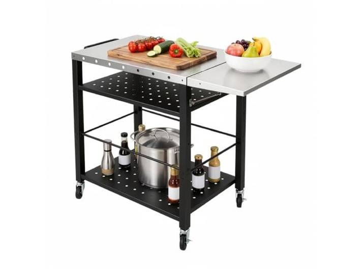 Grillwagen für den Außenbereich, 4 Ebenen, Plancha-Tisch, zusammenklappbar Edelstahl, 4 leise Räder, 2 Bremsen, Belastung 90 kg/Ebene, verstellbares Regal, faltbar, Flaschenhalter