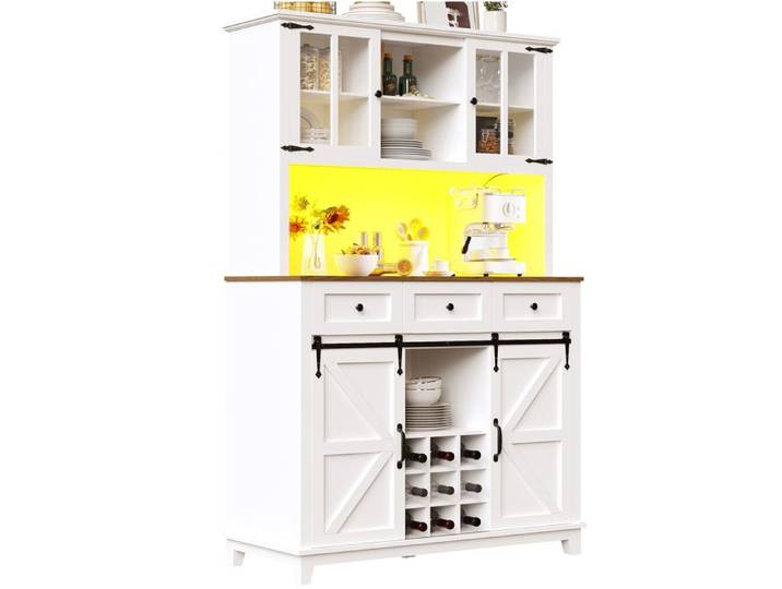 Buffet de cuisine armoire 105x38 4x180 cm avec LED porte coulissante style grange étagères réglables MDF blanc