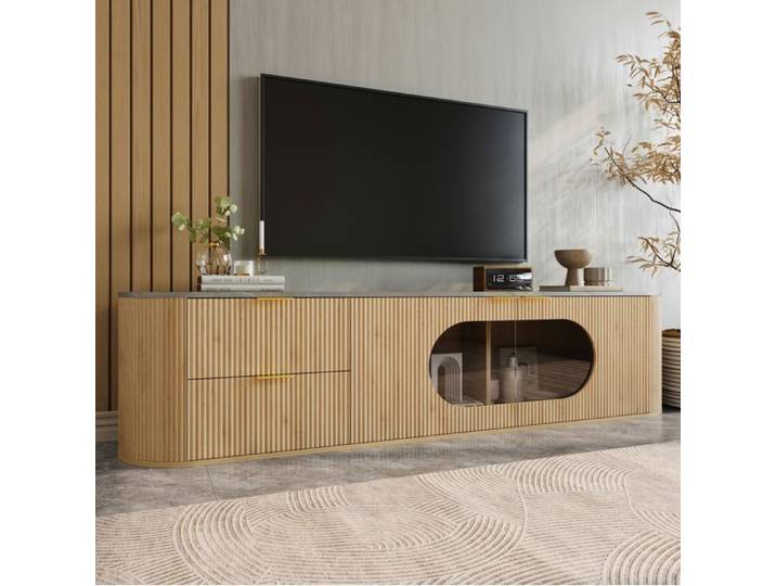 Meuble TV moderne AESVAR 172 cm aspect bois naturel avec vitrine ovale en verre gris