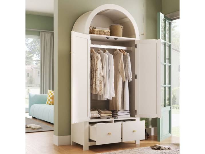 Armoire penderie 78x45x181 cm 2 portes 2 tiroirs avec tringle et détails rotin bois blanc style campagne