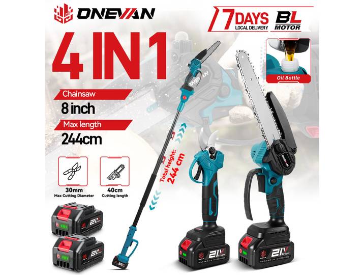 ONEVAN 5500W 4-en-1 Scie et Cisaille Électrique Sans Balais pour Branches Hautes, Tronçonneuse 8 Pouces, Outil de Taille d'Arbres de Jardin pour Batterie Makita 18V