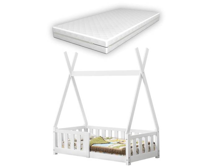 [en.casa] Kinderbett Helsingborg mit Matratze, Weiß, Textil, Kiefer, 70x140 cm, Baby- und Kindermöbel, Kinderzimmer & Jugendzimmer, Kinderbetten, Hausbetten