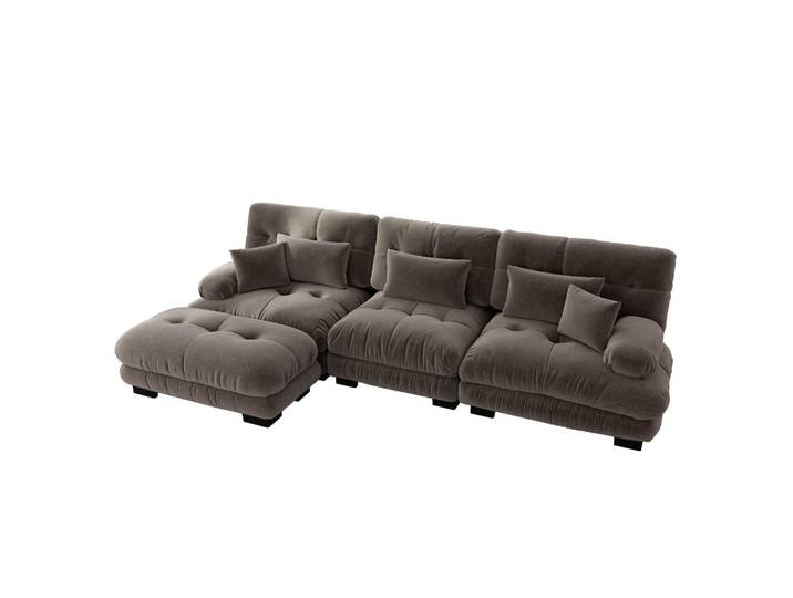 Modfu Ecksofa aus Chenille in Braun mit Ottomane & flexiblem Aufbau, 313x145 cm, Wohnzimmer, Sofas & Couches, Wohnlandschaften, Ecksofas