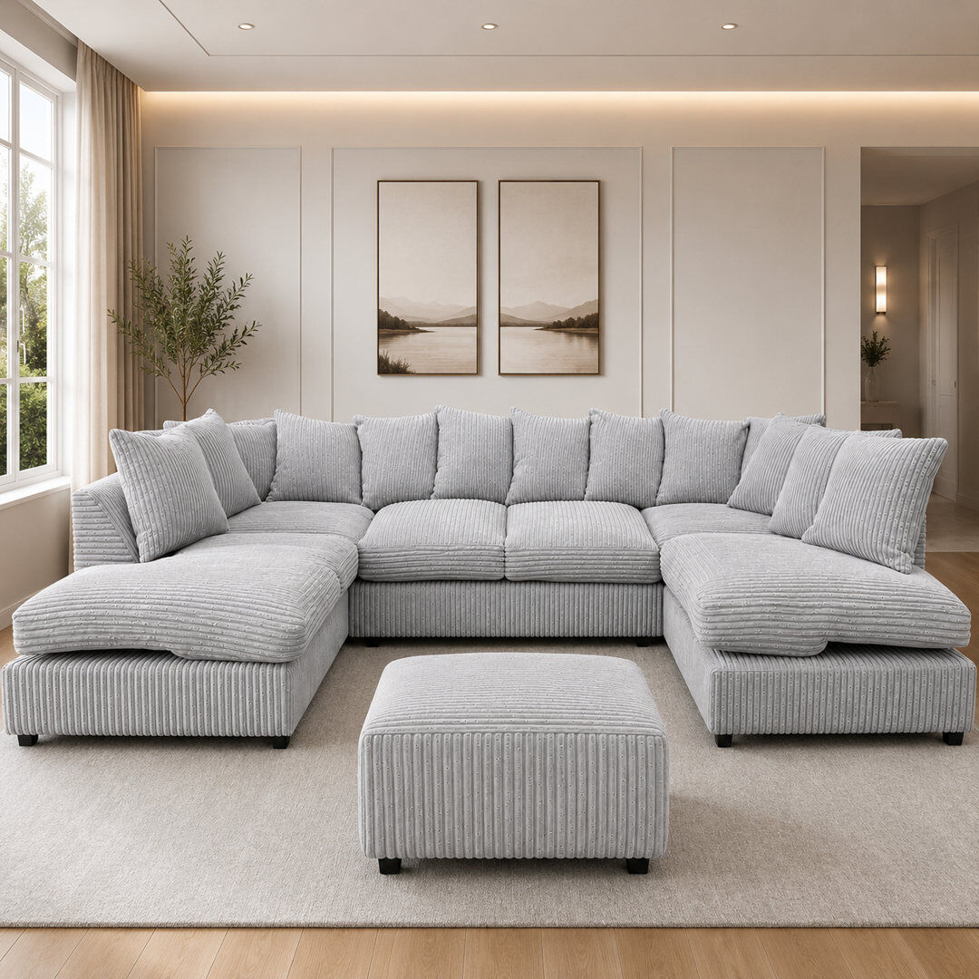 Latitude Run 5 Seater Corduroy Corner Sofa Silver 90cm H X 275cm W X 167cm D