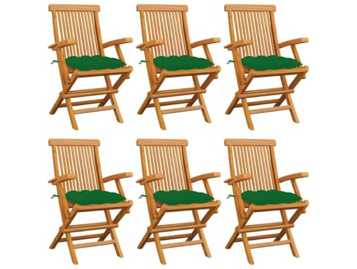 KUTYWEXFM Gartenstühle 6er Set Klappbar mit Grünen Kissen Teak Faltbare Armlehnstühle für Terrasse und Balkon, inklusive dicker Polsterauflagen für bequemes Sitzen im Freien.