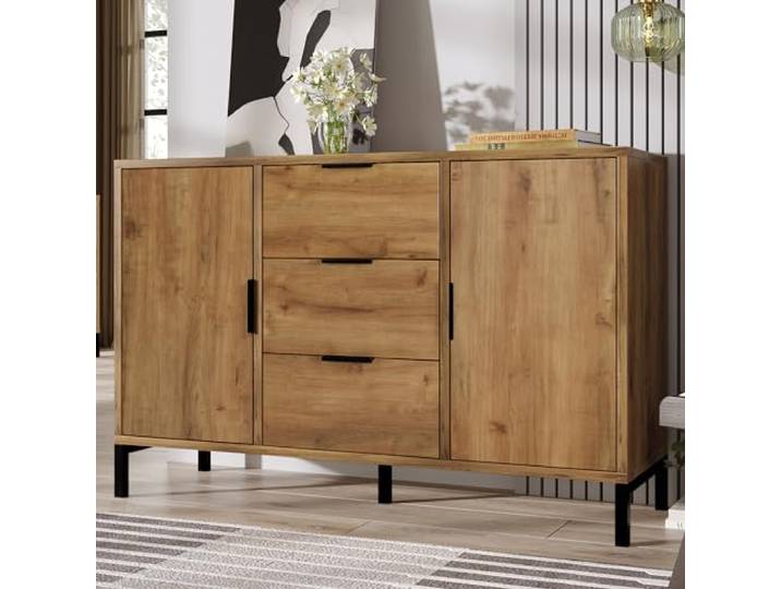 Merax Kommode Sideboard in Dunkler Eiche: Kommode mit 2 Türen und 3 Schubladen für Schlafzimmer & Wohnräume 120 x 40 x 76 cm