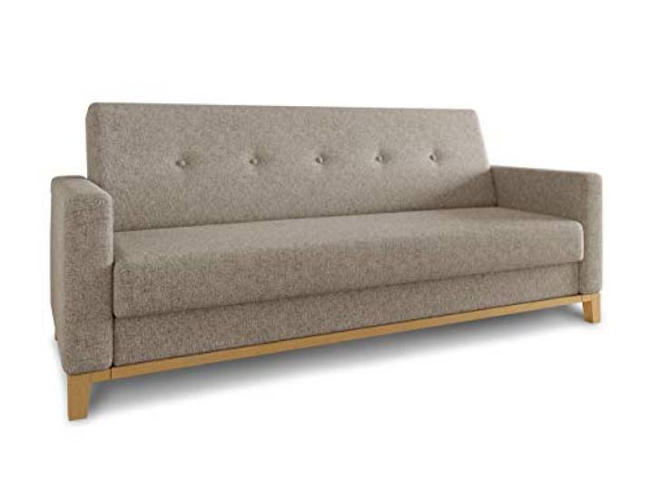 Sofnet - Bettsofa Wood mit Schlaffunktion (Beige, Twist 02) Schlafsofa mit Bettkasten, Wellenfeder, Webstoff, Holzfüße, Bettfunktion, Couch, Sofagarnitur