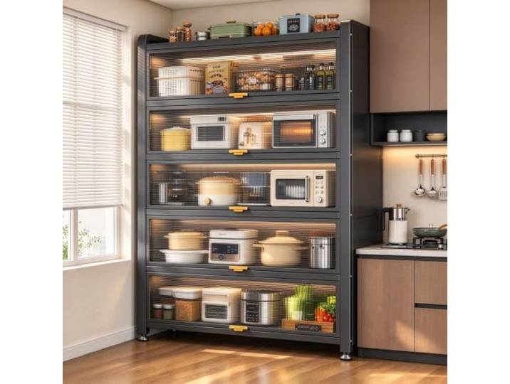 LJWFZBD Küchenschrank mit transparenten Türen, freistehendes Küchenregal Stabiler Metallrahmen, klappbare PC-Türen,platzsparend, Befestigung mit Schrauben(6 Tiers-47.2 W*12.6 D*72.4 H)