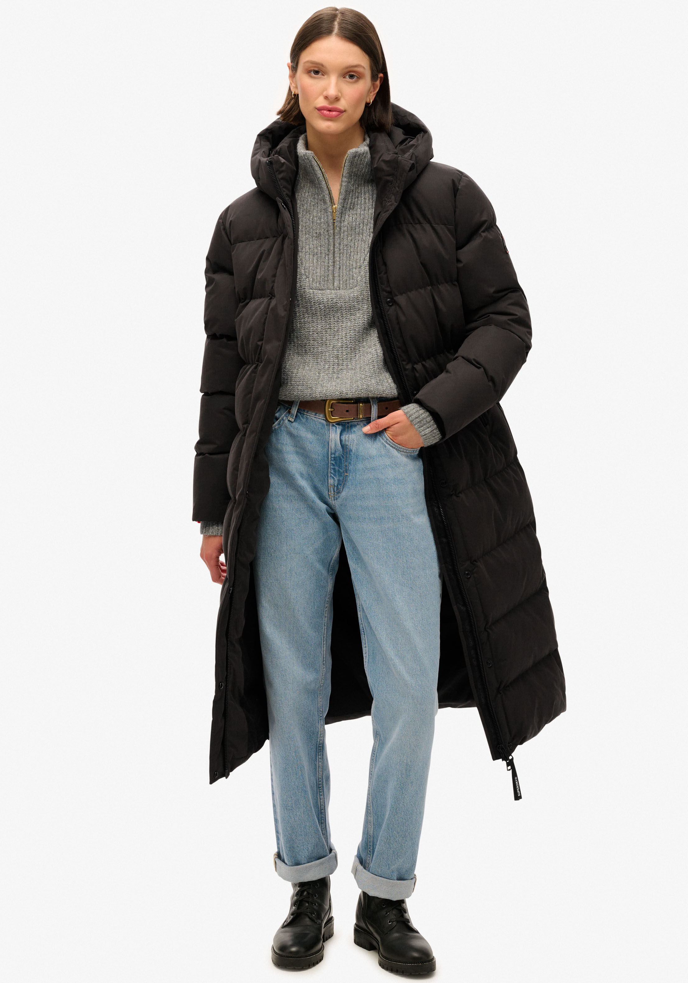 Steppjacke SUPERDRY "MICROFIBRE LONGLINE PUFFER JKT", Damen, Gr. L, schwarz, Web, Obermaterial: 100% Polyester, unifarben, relaxed fit ca. Mitte Wade, Rippbündchen, Jacken Steppjacke, Kunstfaser, relaxed fit schwarz L