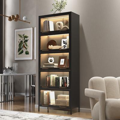Kodotan sofa "76.75""Iron Display Cabinet with Glass Doors,5-Tier Steel Barister Bookcase with LED Lights,Modern Curio Cabinet for Living Room"