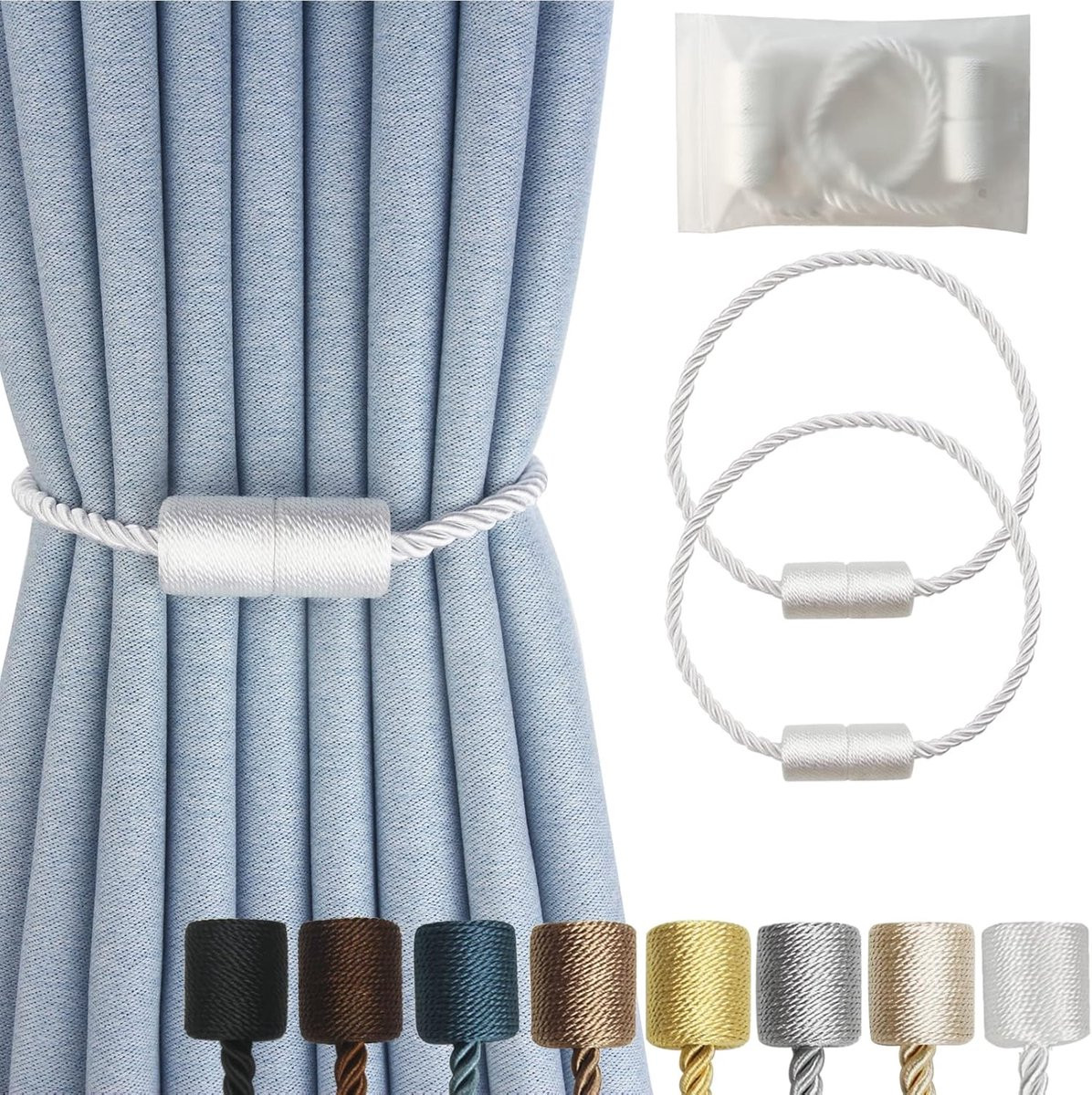 Set van 2 Magnetische Gordijn Haakjes - Stijlvolle Witte Goud Touw Gordijn Tiebacks