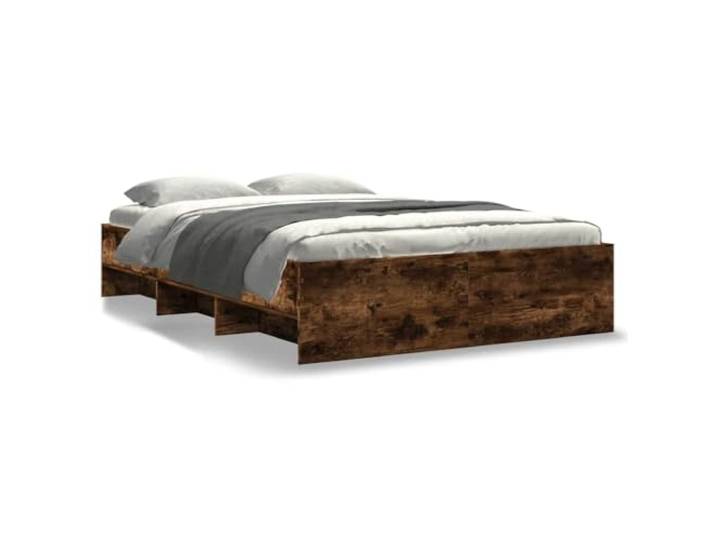 PUGYNBK Bettgestell aus Holz, Eiche rauchfarben, 140 x 190 cm Lattenrost enthalten, offene Fächer, keine Matratze, technisches Holz