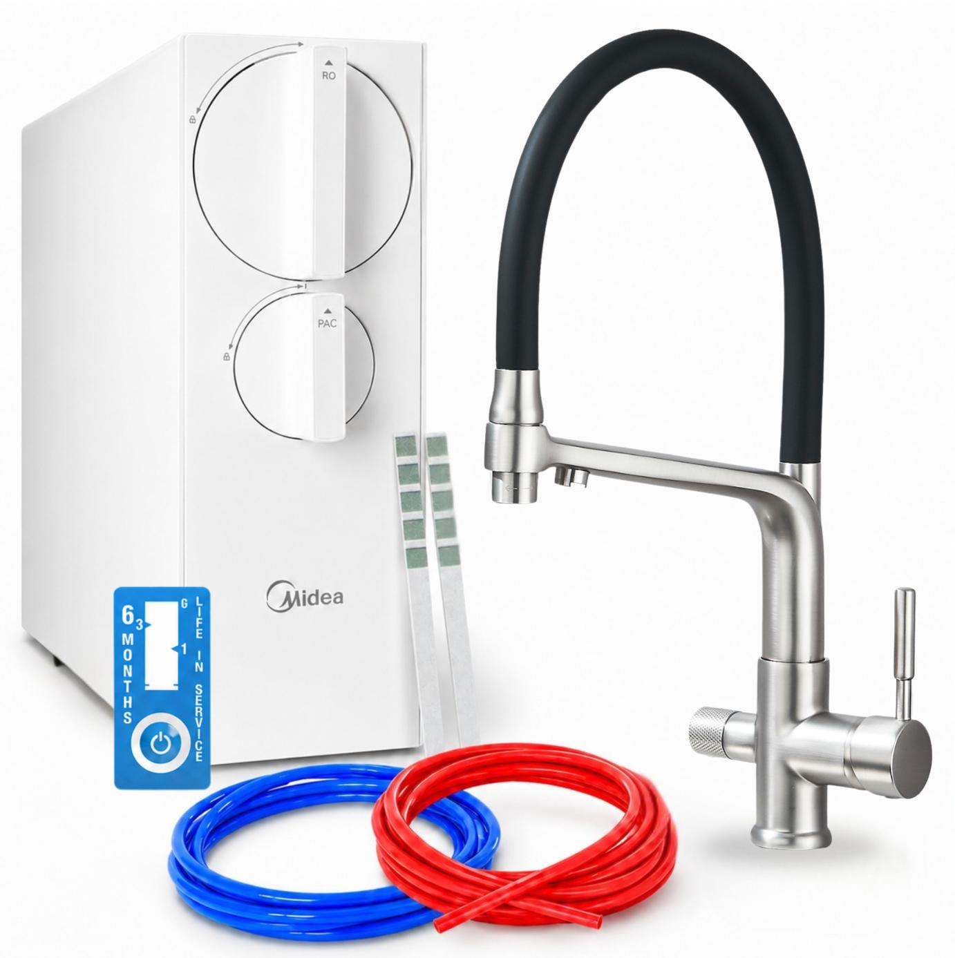 Wasserfiltersystem Umkehrosmose Ari 800 Gpd Mit Zweigriffarmatur, Messing, Perlator, Luftsprudler, 360 Grad Schwenkbar, Inox, Ohne Tank, Wassersparend