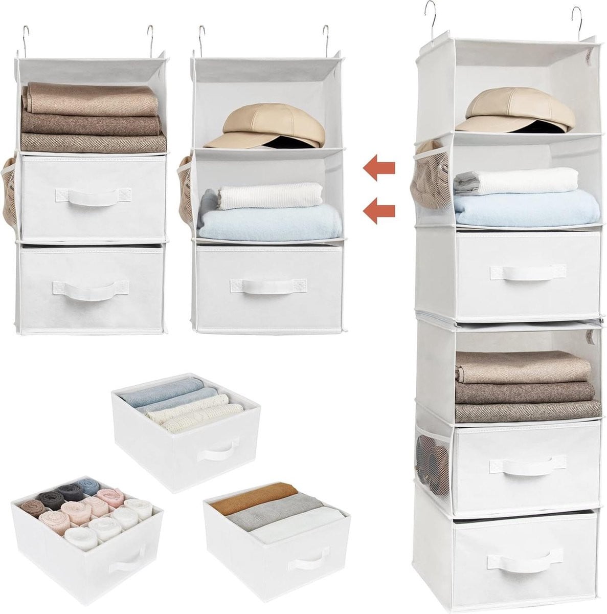 Hangorganizer met 6 compartimenten en zijvakken voor kledingopslag, wit