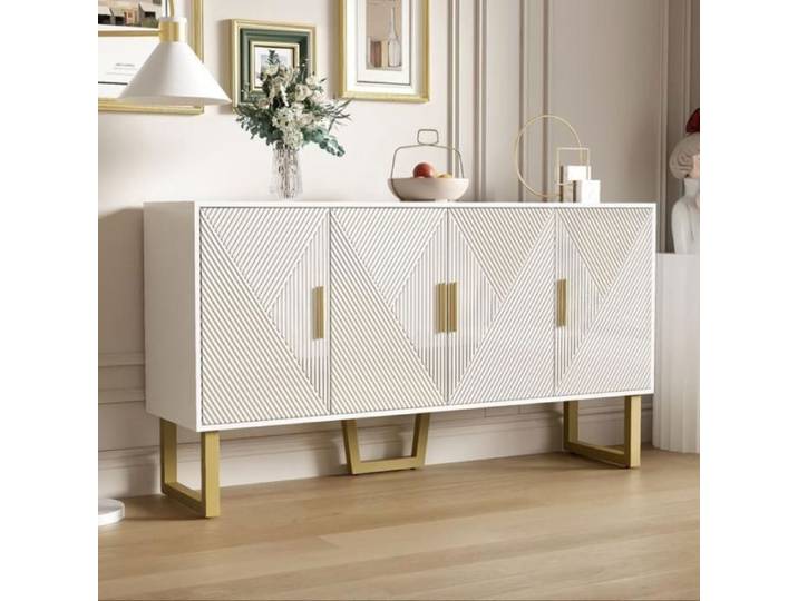 Buffet 150x40x82cm moderne luxe 4 portes texturées brillantes poignées dorées étagères réglables en hauteur Blanc BUFFET DE CUISINE