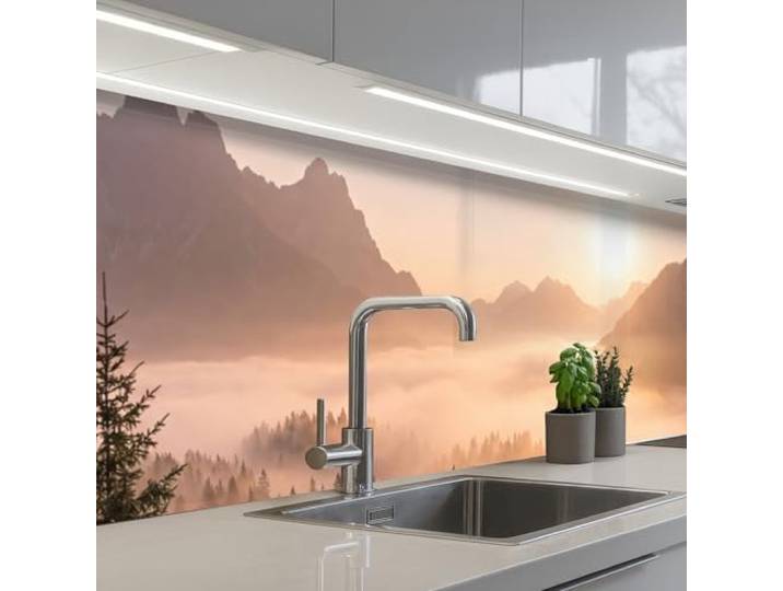 KitchenYeah© Spritzschutz Küchenrückwand Küche Abwaschbar Selbstklebend 80x400 cm - Küchenwand Küchenfront Küchen Rückenwand Wandschutz Sonnenlicht - Nebel - Berge - Bäume
