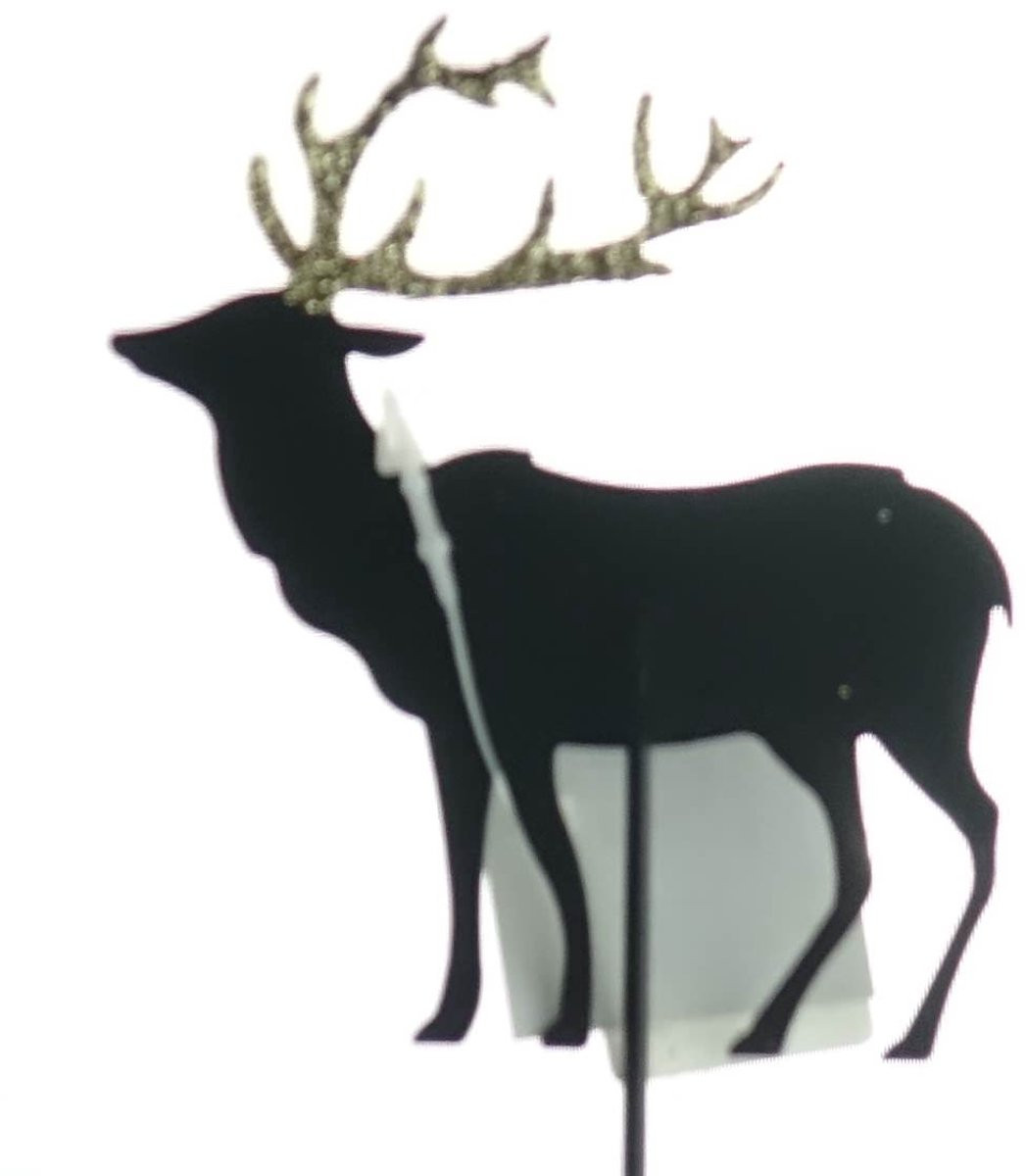 Kerststeker hert zwart met goudkleurig gewei 8 cm