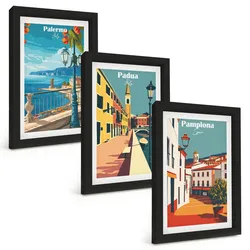 BILDER SET 3er Set - 20x30 cm Schwarzer Rahmen - Retro-Stadtillustrationen