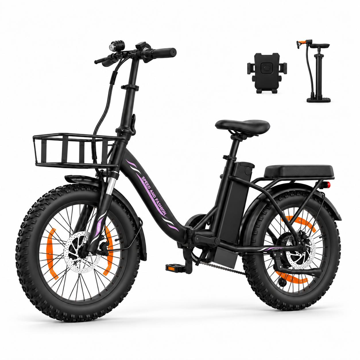 Runetic Ebike, Foldable e-bikes, 250W Motor, 36V 13Ah herausnehmbarer Akku, bis zu 80 km Reichweite, 25 km/h, 20" x 3,0" Breitreifen - Schwarz