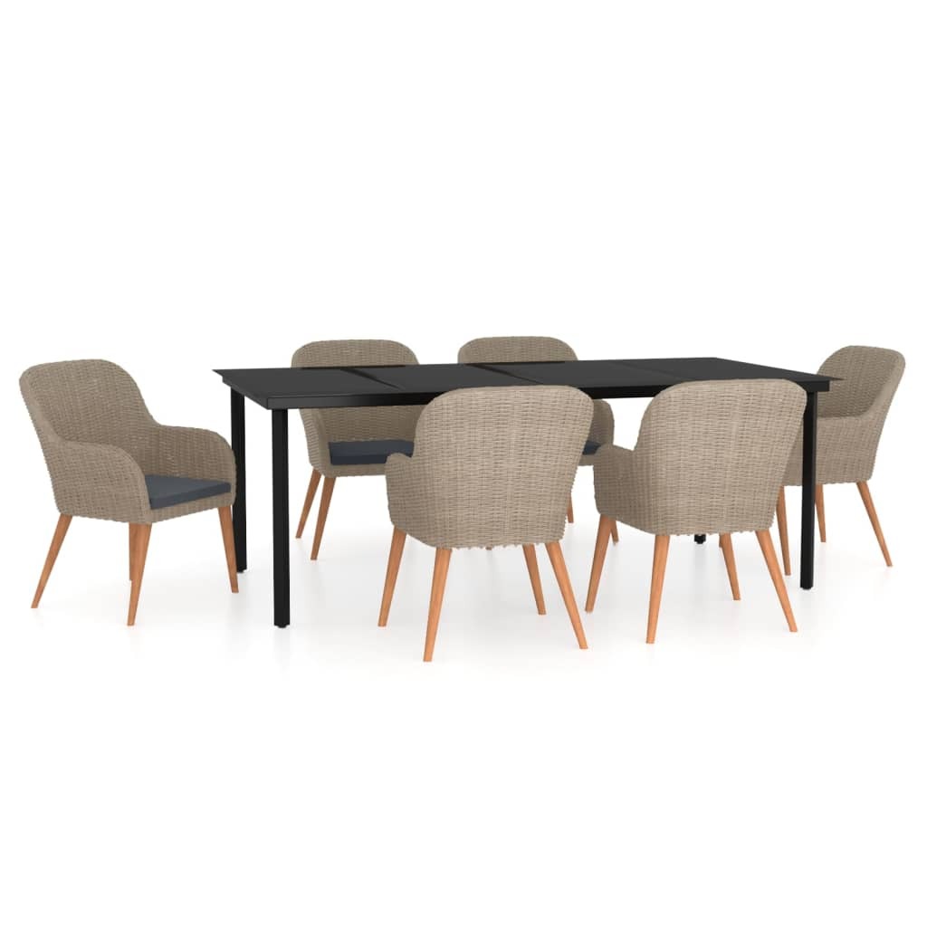 7-tlg. Garten-Essgruppe, Outdoor Essbereich mit 6 Stühlen & Tisch, PE-Rattan, pulverbeschichteter Stahl, Glasplatte, inkl. Kissen, Braun, Dunkelgrau