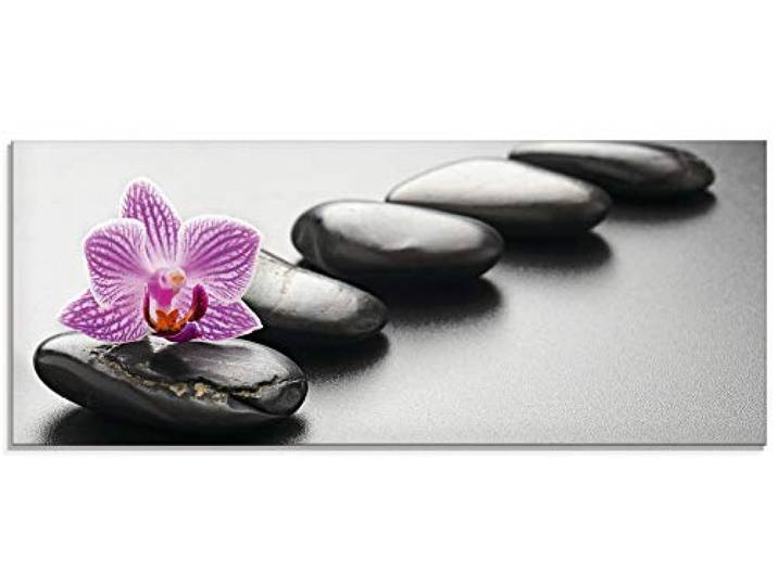 ARTland Wanddeko Glasbilder Wandbild Glas Bild einteilig 125x50 cm Querformat Asien Wellness Zen Steine Spa Blumen Blüten Orchideen Entspannung T5ON