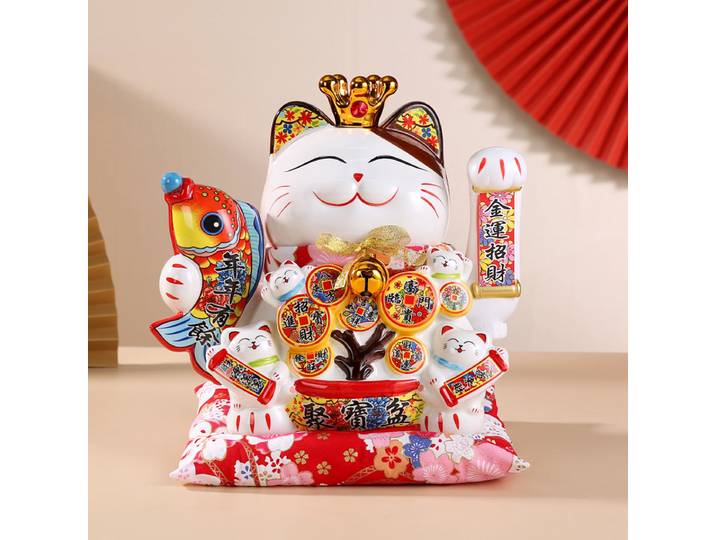 Chat porte-bonheur en céramique ondulé automatique de 14 pouces, grand chat de dessin animé japonais, décoration d'ouverture de magasin, cadeau de décoration pour la maison
