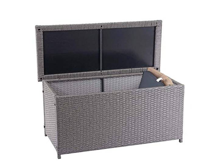 Mendler Poly-Rattan Kissenbox HWC-D88 63x135x52cm 320l - grau Gartentruhe, Auflagenbox, Truhe, Basic