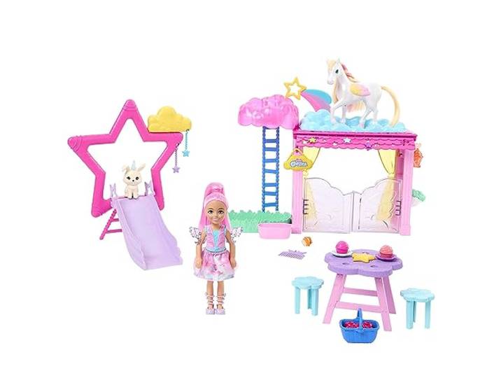 Chelsea Barbie Pop en Pegasus Speelset, paardenspeelgoed, Barbie A Touch of Magic, set met stal, konijntje en accessoires HNT67