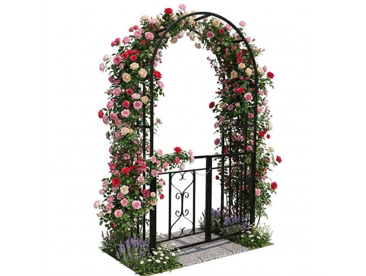 Relaxdays Rosenbogen Schwarz mit Doppeltor 206 cm, Metall, 50x206x114 cm, Dekoration, Gartendeko